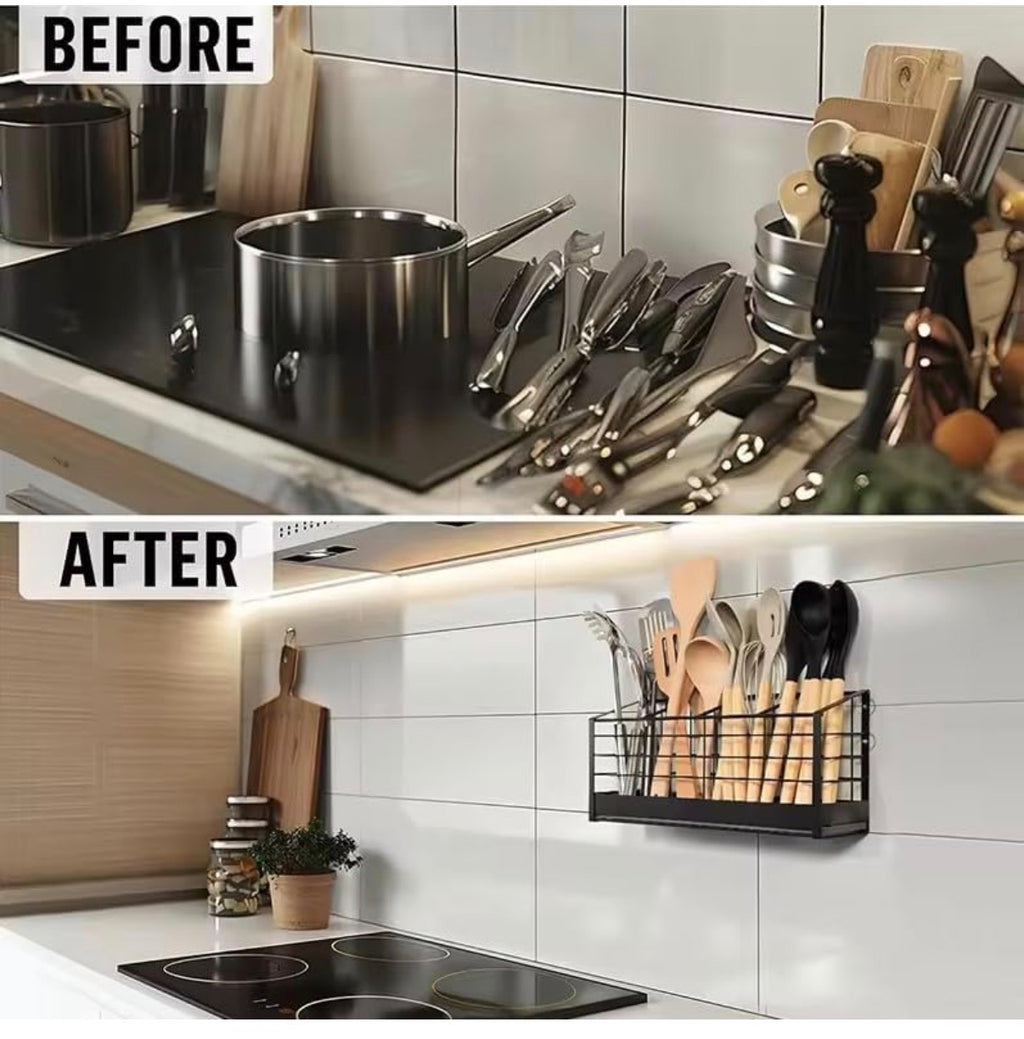 Kitchen Utensil Holder,Matte Black Metal Holder With Wooden Base,Farmhouse Cooking Utensil Storage