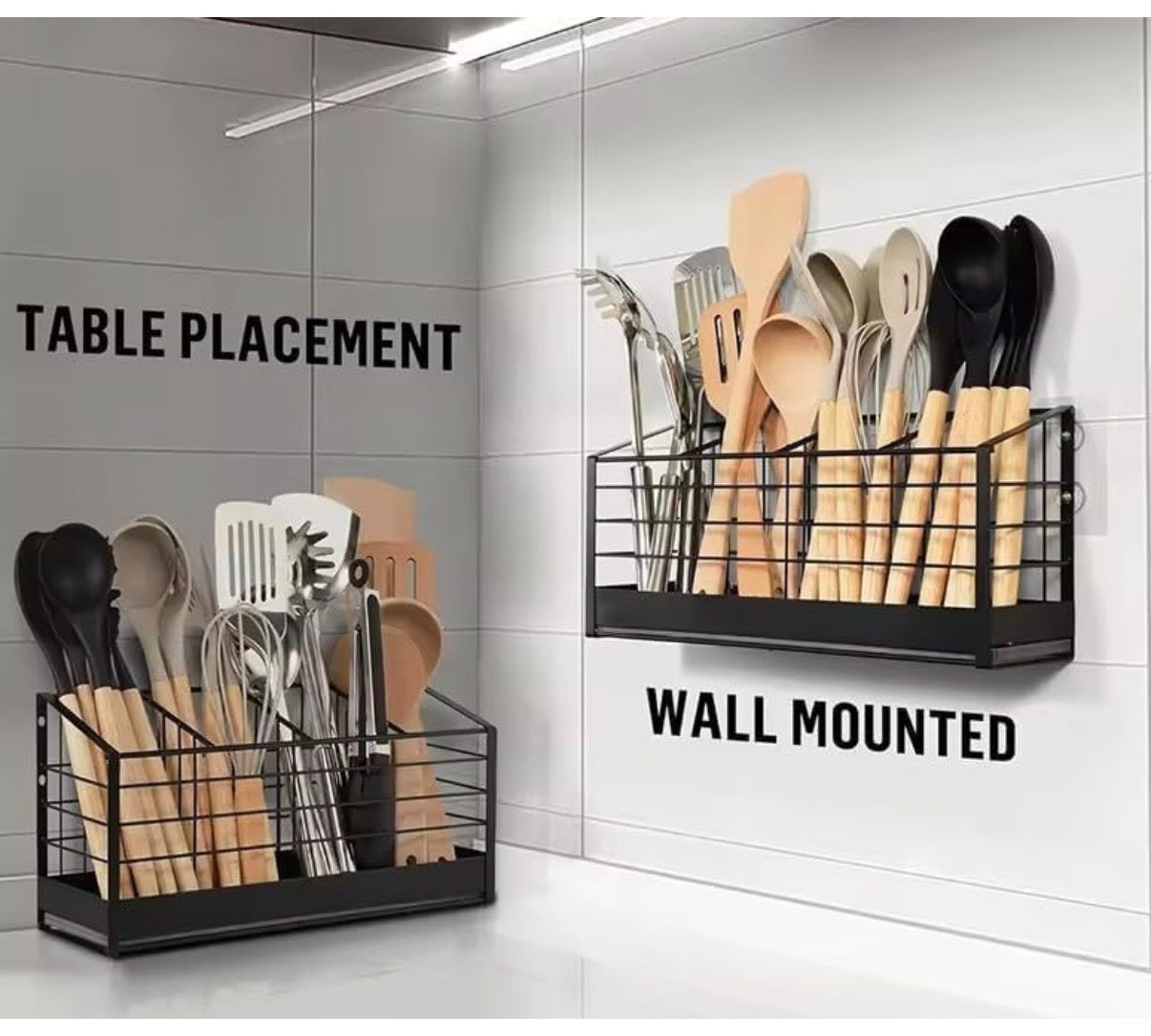 Kitchen Utensil Holder,Matte Black Metal Holder With Wooden Base,Farmhouse Cooking Utensil Storage