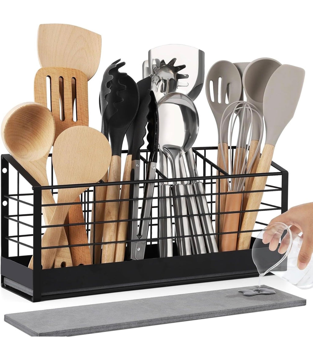 Kitchen Utensil Holder,Matte Black Metal Holder With Wooden Base,Farmhouse Cooking Utensil Storage