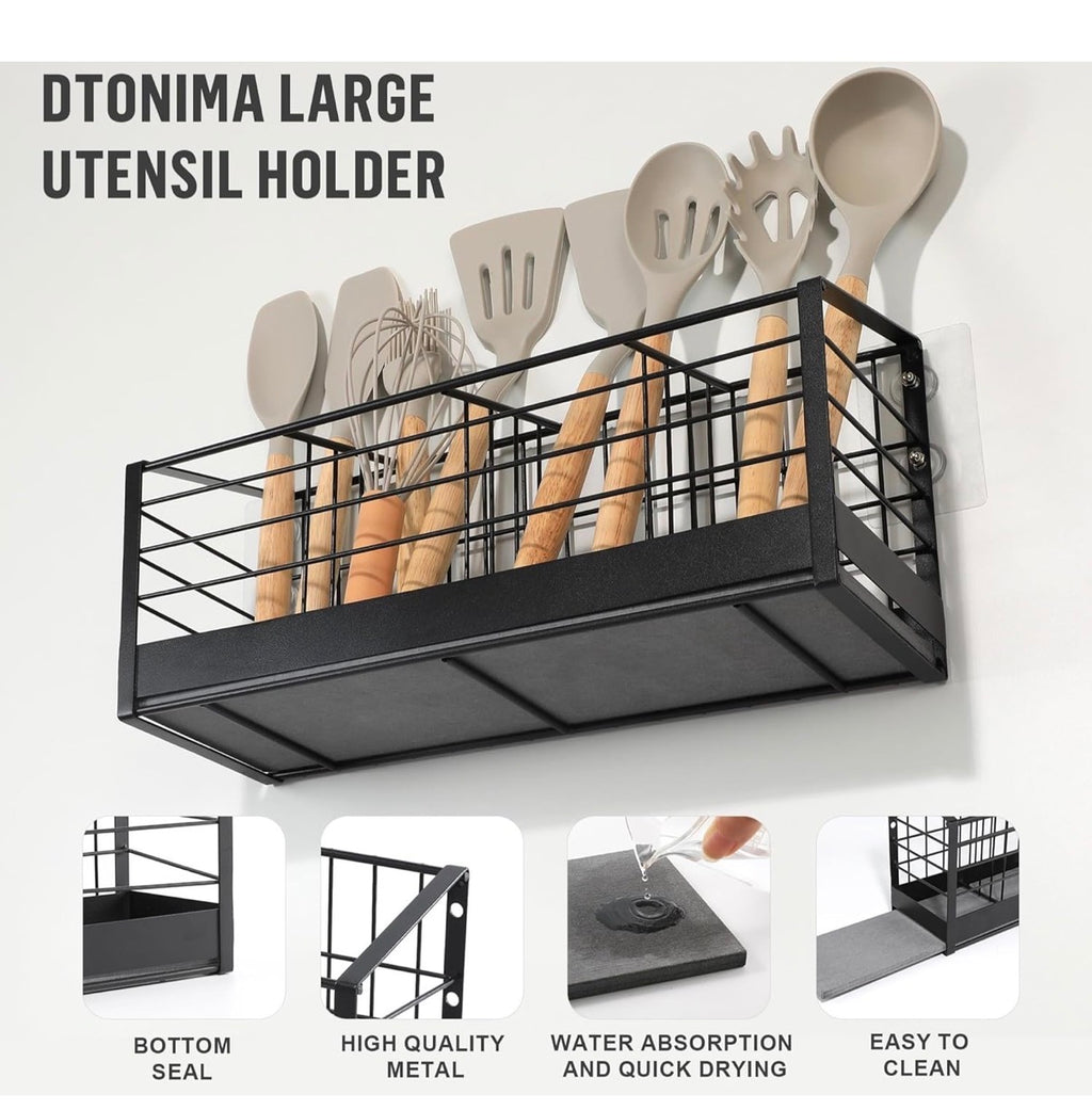 Kitchen Utensil Holder,Matte Black Metal Holder With Wooden Base,Farmhouse Cooking Utensil Storage