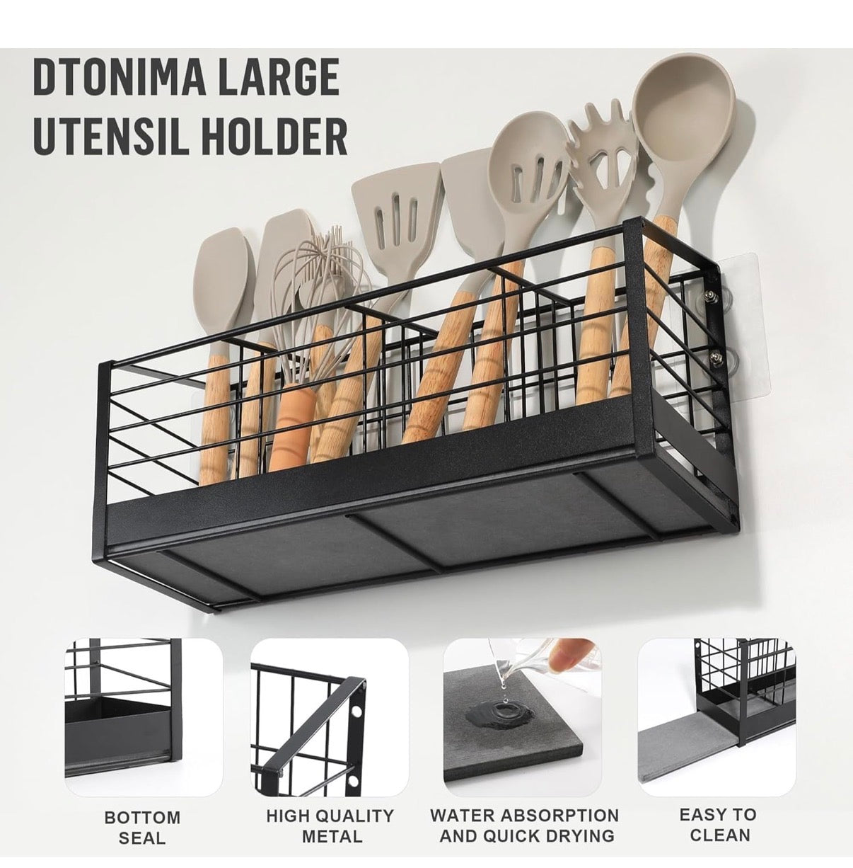 Kitchen Utensil Holder,Matte Black Metal Holder With Wooden Base,Farmhouse Cooking Utensil Storage