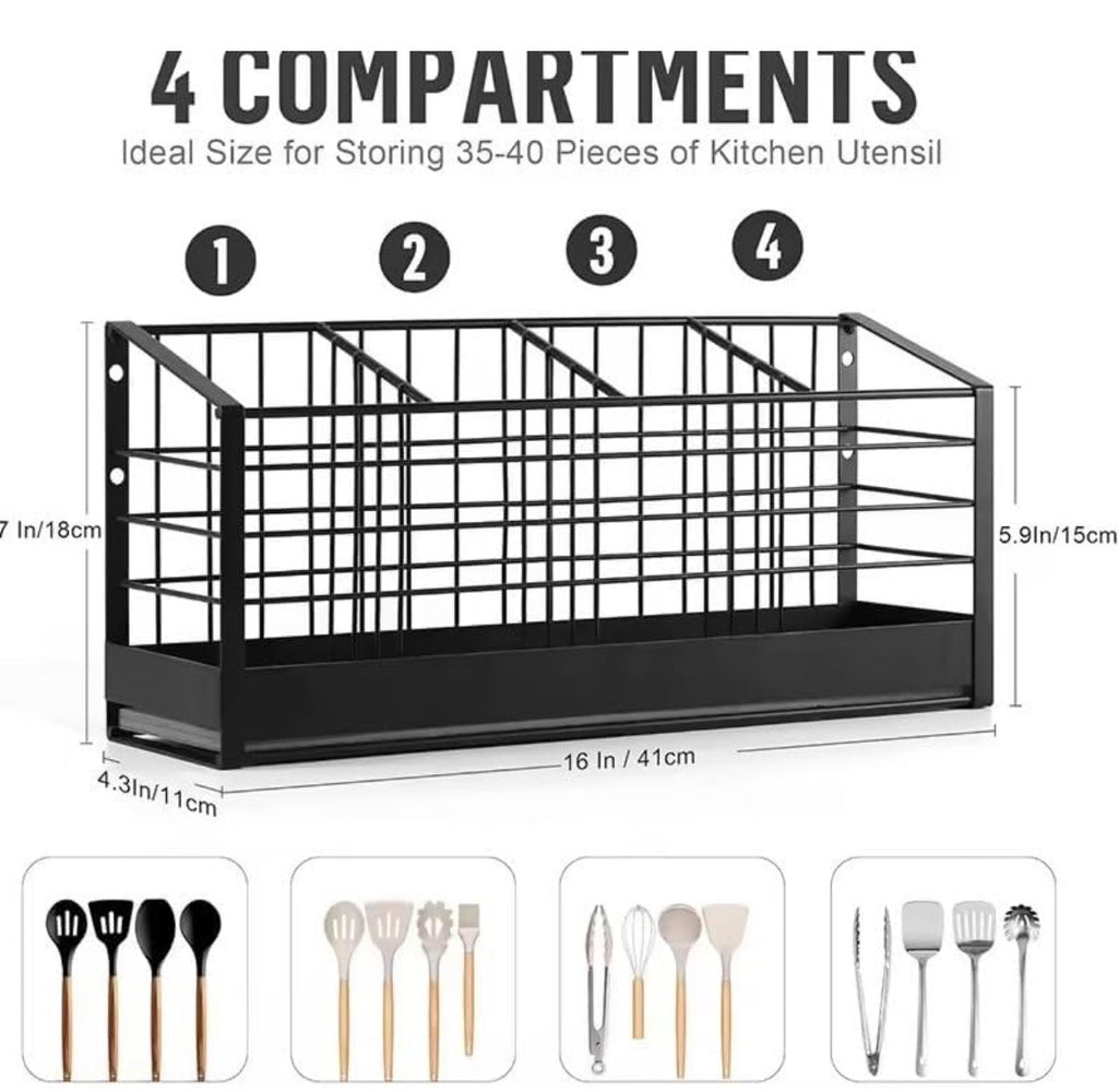 Kitchen Utensil Holder,Matte Black Metal Holder With Wooden Base,Farmhouse Cooking Utensil Storage