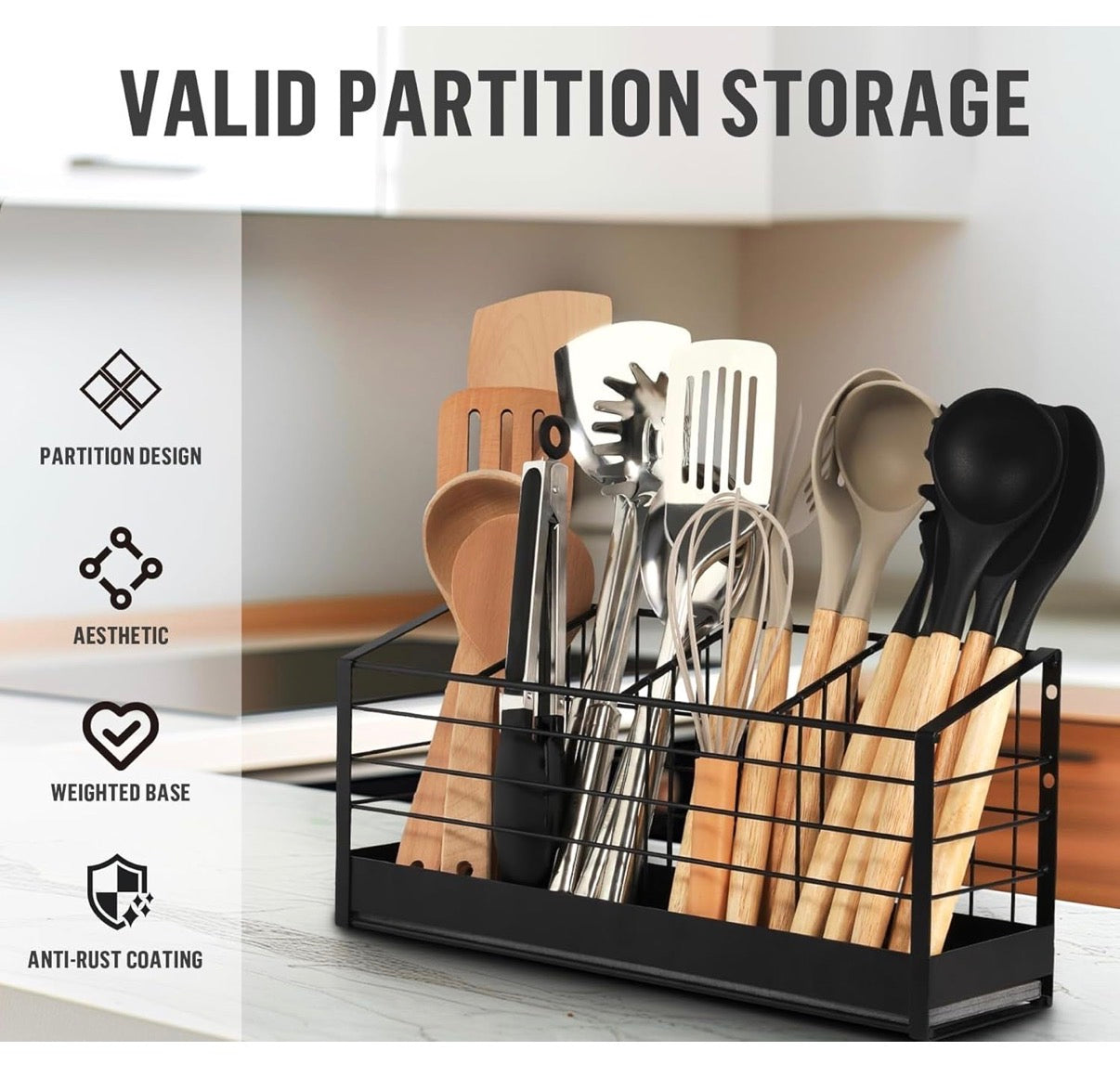 Kitchen Utensil Holder,Matte Black Metal Holder With Wooden Base,Farmhouse Cooking Utensil Storage