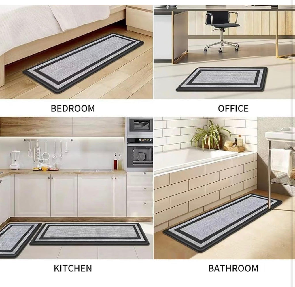Floor Comfort Mat Set Soft Easy to Clean Two in one Set The Big Size is 47 * 17.3 * 0.4 Inc. and Small Size is 29 * 17.3 * 04 Inc. Location: Kitchen, Bathroom, Living Room, Shower, Bedroom