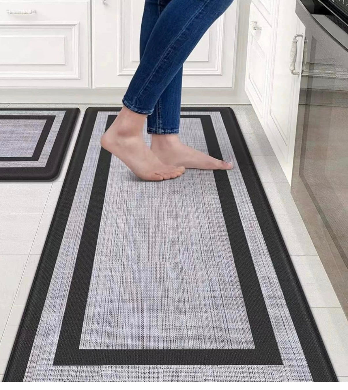Floor Comfort Mat Set Soft Easy to Clean Two in one Set The Big Size is 47 * 17.3 * 0.4 Inc. and Small Size is 29 * 17.3 * 04 Inc. Location: Kitchen, Bathroom, Living Room, Shower, Bedroom